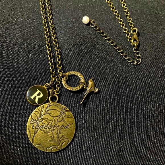 PENDANT NECKLACE “Redeemed” Floral Medallion, 3D Bird, R Charm Bronze Religious - Picture 7 of 12